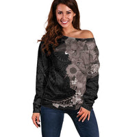 Hawaiian Tropical Plants and Chameleon Off Shoulder Sweater Polynesian Art Grayscale LT03 Women Black - Polynesian Pride