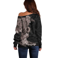 Hawaiian Tropical Plants and Chameleon Off Shoulder Sweater Polynesian Art Grayscale LT03 - Polynesian Pride
