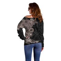 Hawaiian Tropical Plants and Chameleon Off Shoulder Sweater Polynesian Art Grayscale LT03 - Polynesian Pride