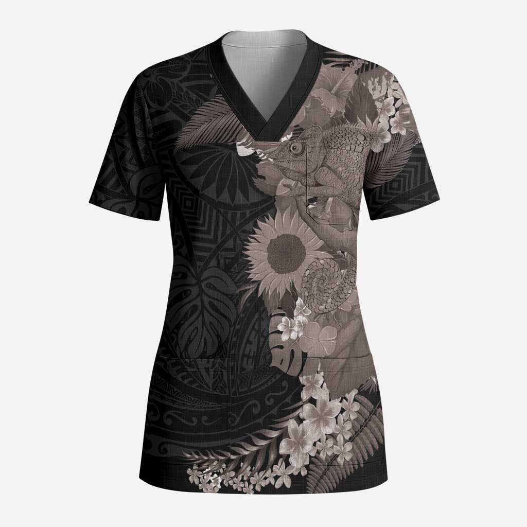 Hawaiian Tropical Plants and Chameleon Scrub Top Polynesian Art Grayscale LT03 Adult Black - Polynesian Pride