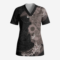 Hawaiian Tropical Plants and Chameleon Scrub Top Polynesian Art Grayscale LT03 Adult Black - Polynesian Pride