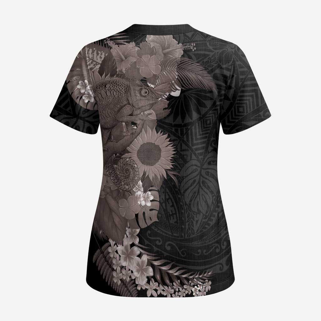 Hawaiian Tropical Plants and Chameleon Scrub Top Polynesian Art Grayscale LT03 - Polynesian Pride