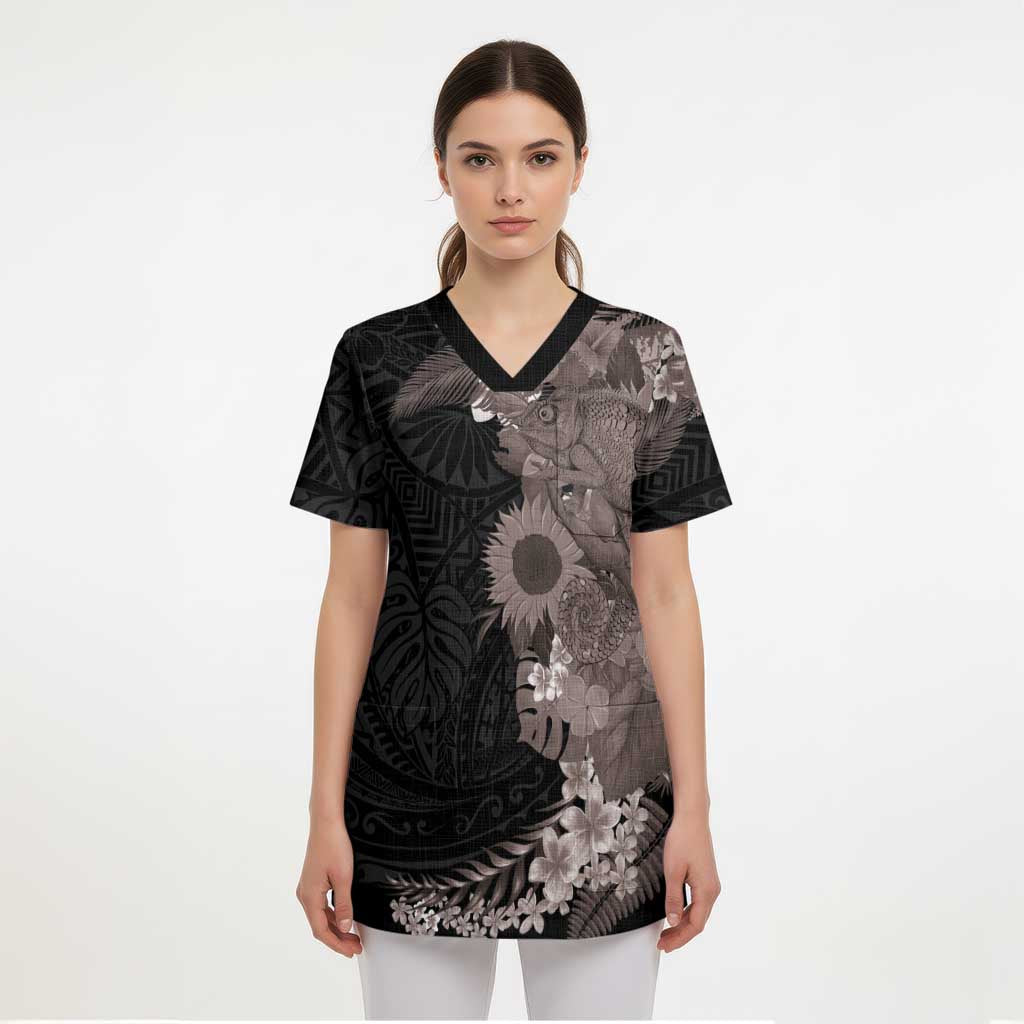 Hawaiian Tropical Plants and Chameleon Scrub Top Polynesian Art Grayscale LT03 - Polynesian Pride