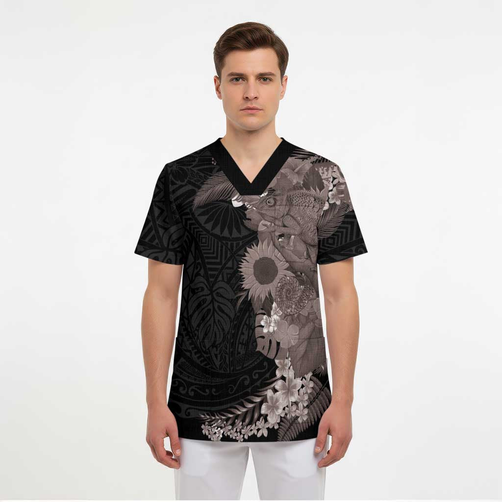 Hawaiian Tropical Plants and Chameleon Scrub Top Polynesian Art Grayscale LT03 - Polynesian Pride