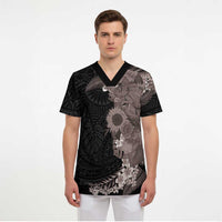 Hawaiian Tropical Plants and Chameleon Scrub Top Polynesian Art Grayscale LT03 - Polynesian Pride
