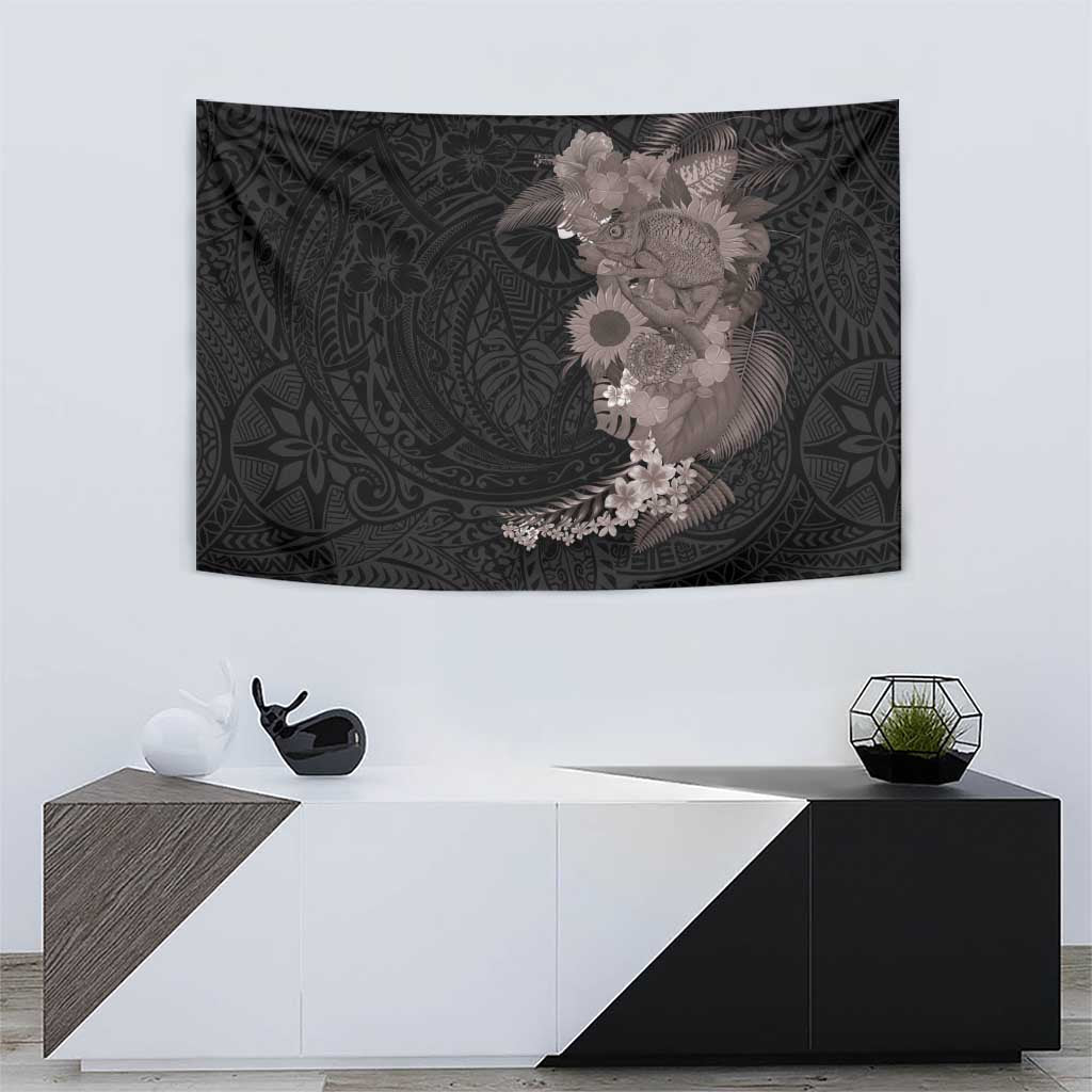 Hawaiian Tropical Plants and Chameleon Tapestry Polynesian Art Grayscale LT03 - Polynesian Pride
