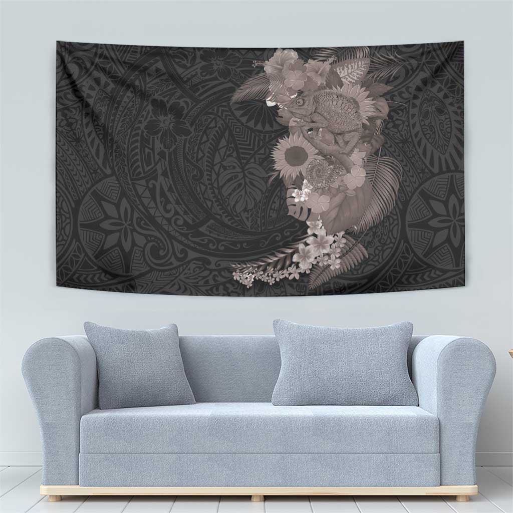 Hawaiian Tropical Plants and Chameleon Tapestry Polynesian Art Grayscale LT03 - Polynesian Pride