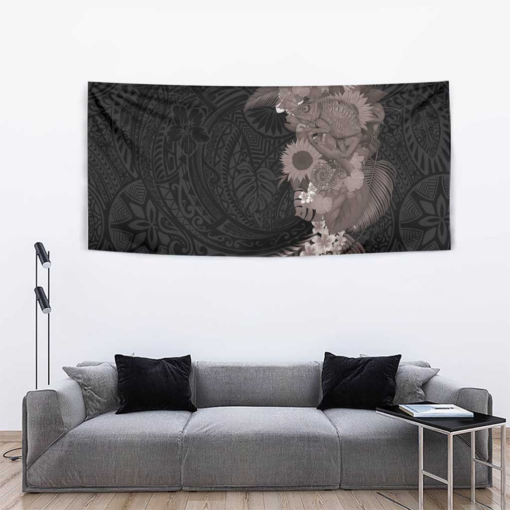 Hawaiian Tropical Plants and Chameleon Tapestry Polynesian Art Grayscale LT03 - Polynesian Pride