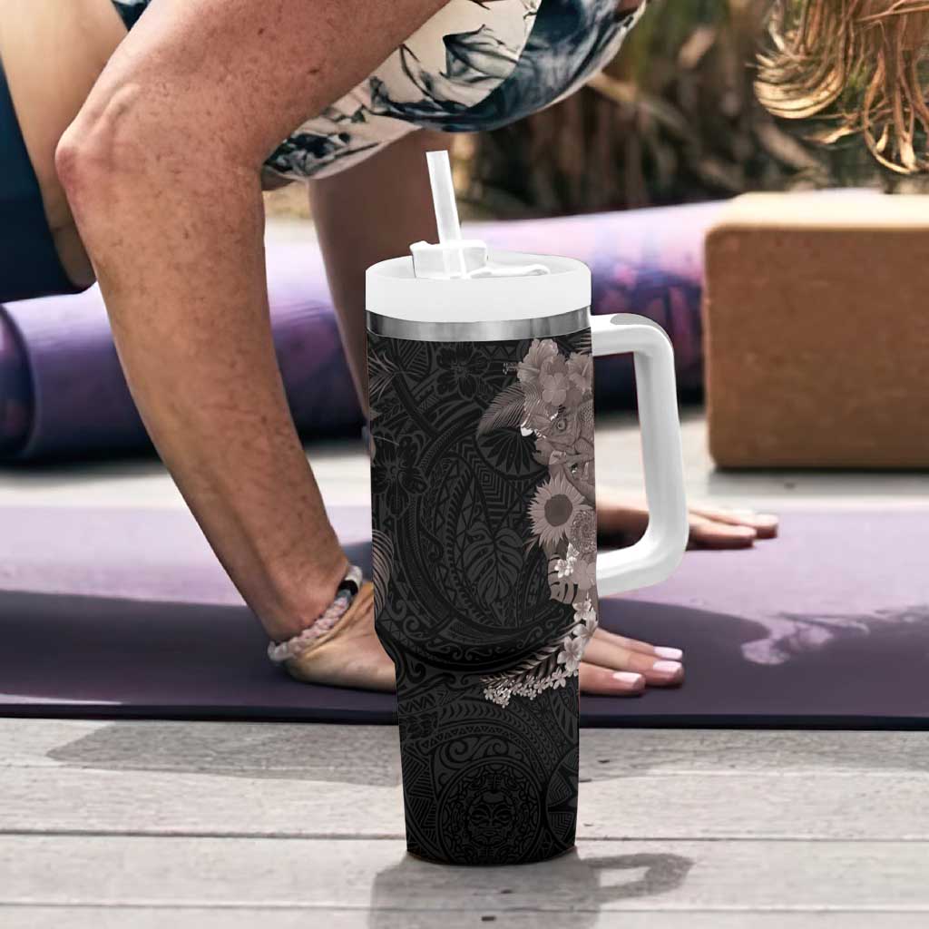 Hawaiian Tropical Plants and Chameleon Tumbler With Handle Polynesian Art Grayscale LT03 - Polynesian Pride