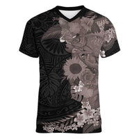 Hawaiian Tropical Plants and Chameleon Women V-Neck T-Shirt Polynesian Art Grayscale LT03 Female Black - Polynesian Pride