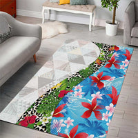 Hawaiian Tropical Flowers and Leaves Area Rug on Leopard Pattern Half Style White-Blue Version LT03 - Polynesian Pride