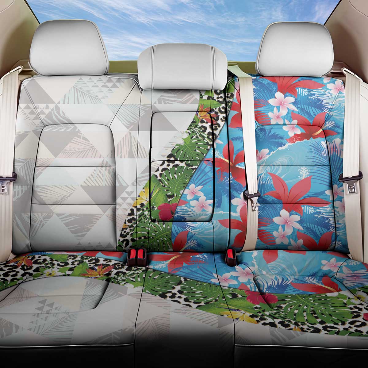 Hawaiian Tropical Flowers and Leaves Back Car Seat Cover on Leopard Pattern Half Style White-Blue Version LT03 One Size White - Polynesian Pride