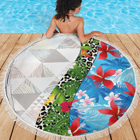 Hawaiian Tropical Flowers and Leaves Beach Blanket on Leopard Pattern Half Style White-Blue Version LT03 - Polynesian Pride