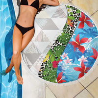 Hawaiian Tropical Flowers and Leaves Beach Blanket on Leopard Pattern Half Style White-Blue Version LT03 - Polynesian Pride