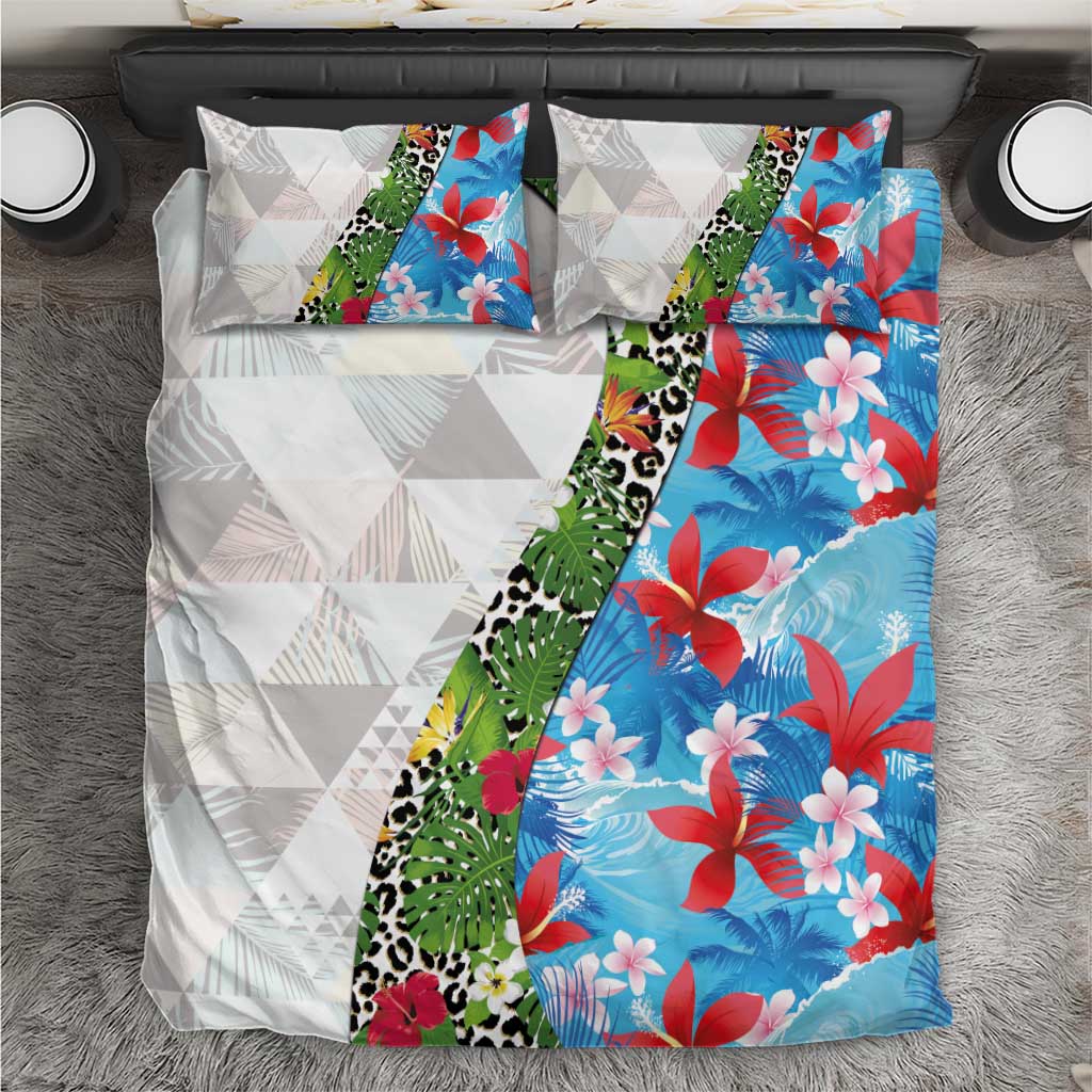 Hawaiian Tropical Flowers and Leaves Bedding Set on Leopard Pattern Half Style White-Blue Version LT03 White - Polynesian Pride