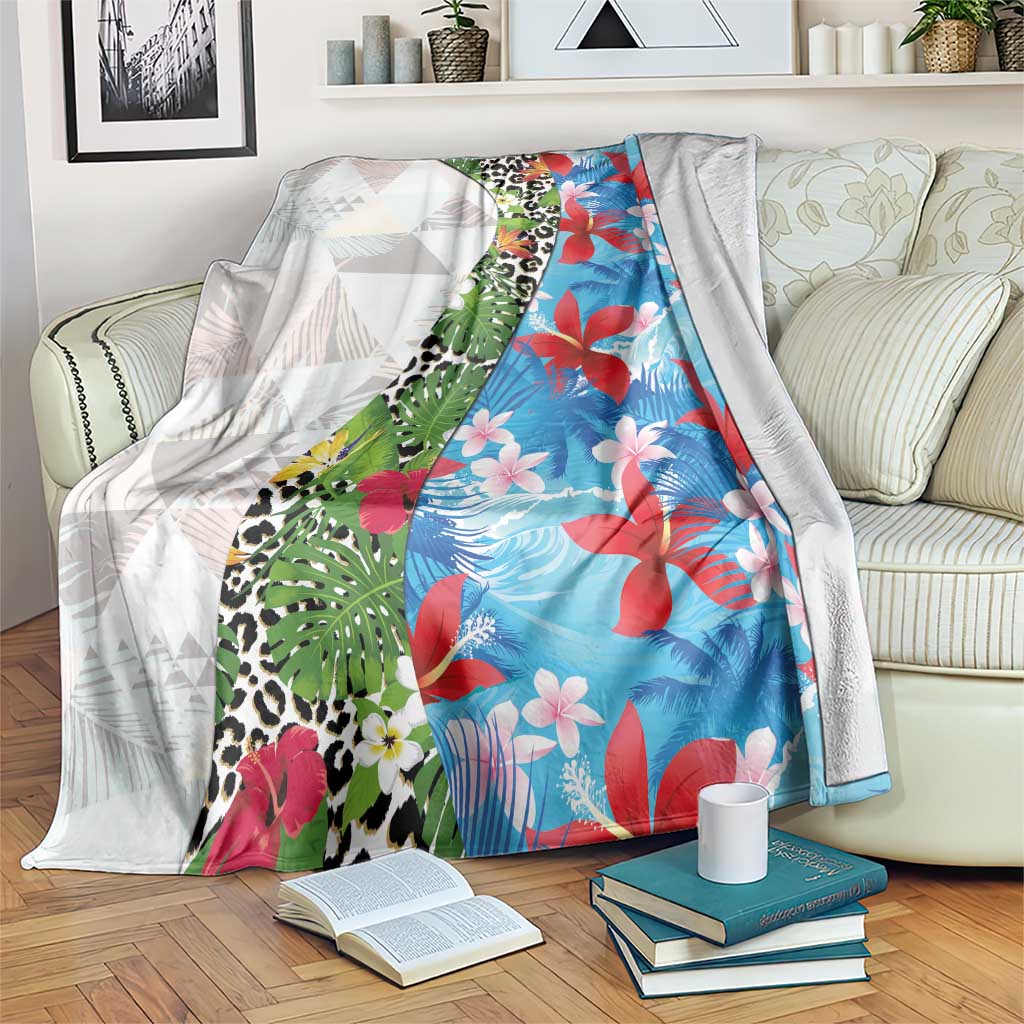 Hawaiian Tropical Flowers and Leaves Blanket on Leopard Pattern Half Style White-Blue Version LT03 White - Polynesian Pride