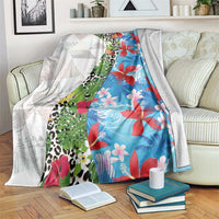 Hawaiian Tropical Flowers and Leaves Blanket on Leopard Pattern Half Style White-Blue Version LT03 White - Polynesian Pride
