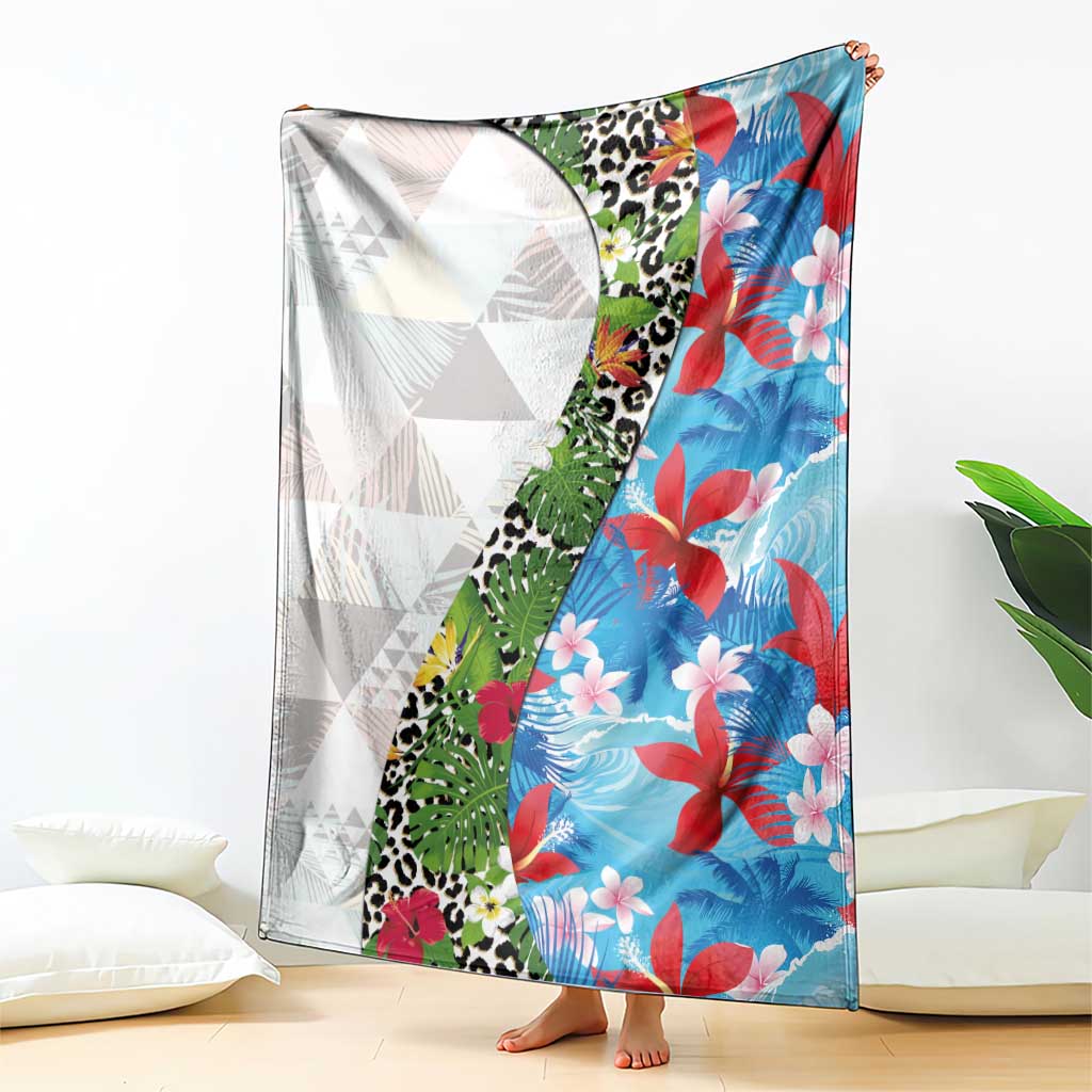 Hawaiian Tropical Flowers and Leaves Blanket on Leopard Pattern Half Style White-Blue Version LT03 - Polynesian Pride