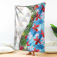 Hawaiian Tropical Flowers and Leaves Blanket on Leopard Pattern Half Style White-Blue Version LT03 - Polynesian Pride