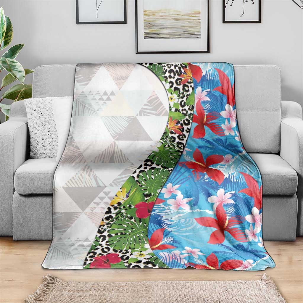 Hawaiian Tropical Flowers and Leaves Blanket on Leopard Pattern Half Style White-Blue Version LT03 - Polynesian Pride