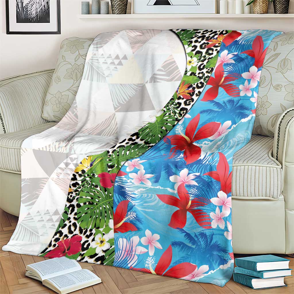 Hawaiian Tropical Flowers and Leaves Blanket on Leopard Pattern Half Style White-Blue Version LT03 - Polynesian Pride