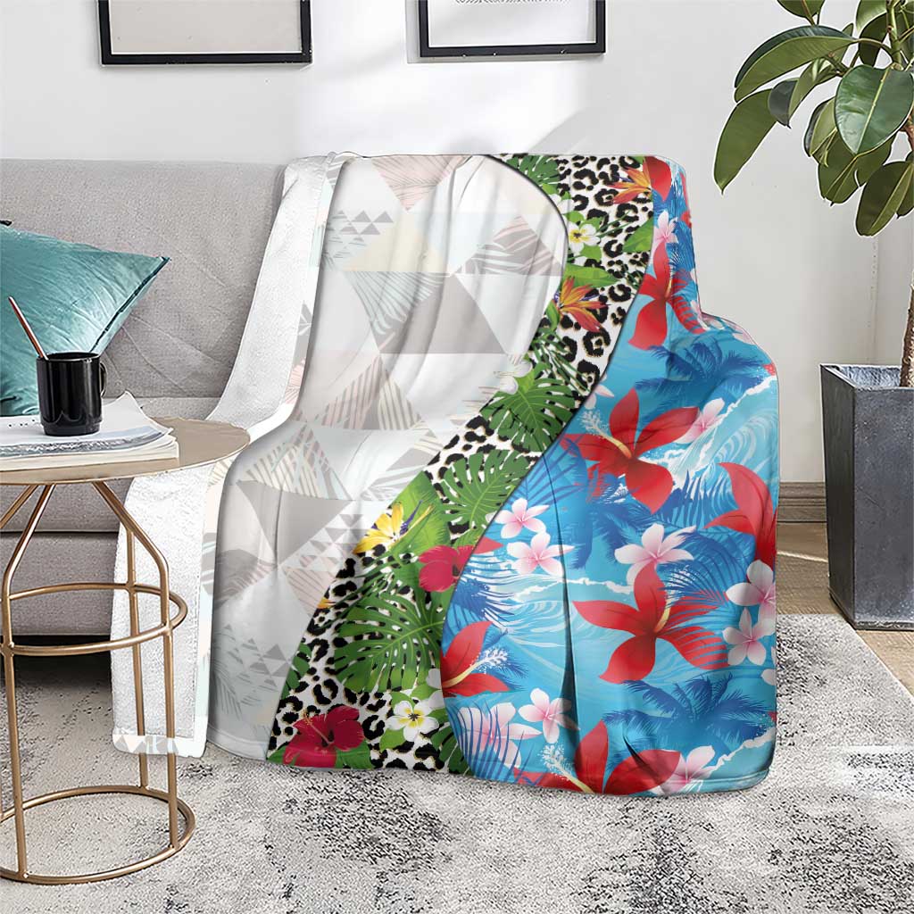 Hawaiian Tropical Flowers and Leaves Blanket on Leopard Pattern Half Style White-Blue Version LT03 - Polynesian Pride