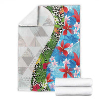 Hawaiian Tropical Flowers and Leaves Blanket on Leopard Pattern Half Style White-Blue Version LT03 - Polynesian Pride