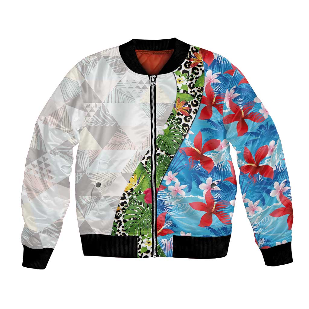 Hawaiian Tropical Flowers and Leaves Bomber Jacket on Leopard Pattern Half Style White-Blue Version LT03 Unisex White - Polynesian Pride