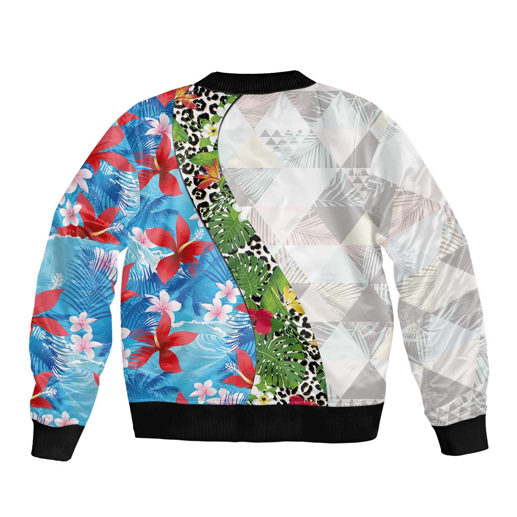 Hawaiian Tropical Flowers and Leaves Bomber Jacket on Leopard Pattern Half Style White-Blue Version LT03 - Polynesian Pride