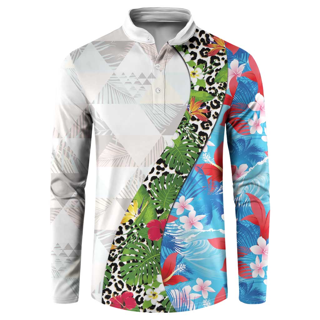 Hawaiian Tropical Flowers and Leaves Button Sweatshirt on Leopard Pattern Half Style White-Blue Version LT03 White - Polynesian Pride