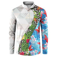 Hawaiian Tropical Flowers and Leaves Button Sweatshirt on Leopard Pattern Half Style White-Blue Version LT03 White - Polynesian Pride