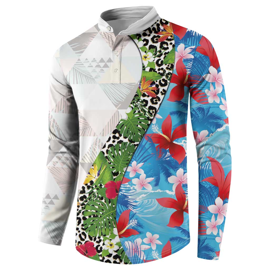 Hawaiian Tropical Flowers and Leaves Button Sweatshirt on Leopard Pattern Half Style White-Blue Version LT03 - Polynesian Pride