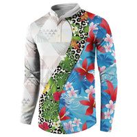 Hawaiian Tropical Flowers and Leaves Button Sweatshirt on Leopard Pattern Half Style White-Blue Version LT03 - Polynesian Pride