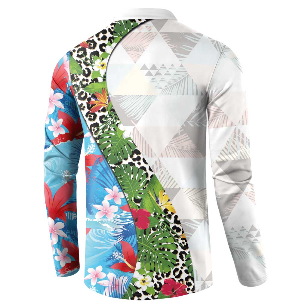 Hawaiian Tropical Flowers and Leaves Button Sweatshirt on Leopard Pattern Half Style White-Blue Version LT03 - Polynesian Pride