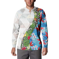 Hawaiian Tropical Flowers and Leaves Button Sweatshirt on Leopard Pattern Half Style White-Blue Version LT03 - Polynesian Pride