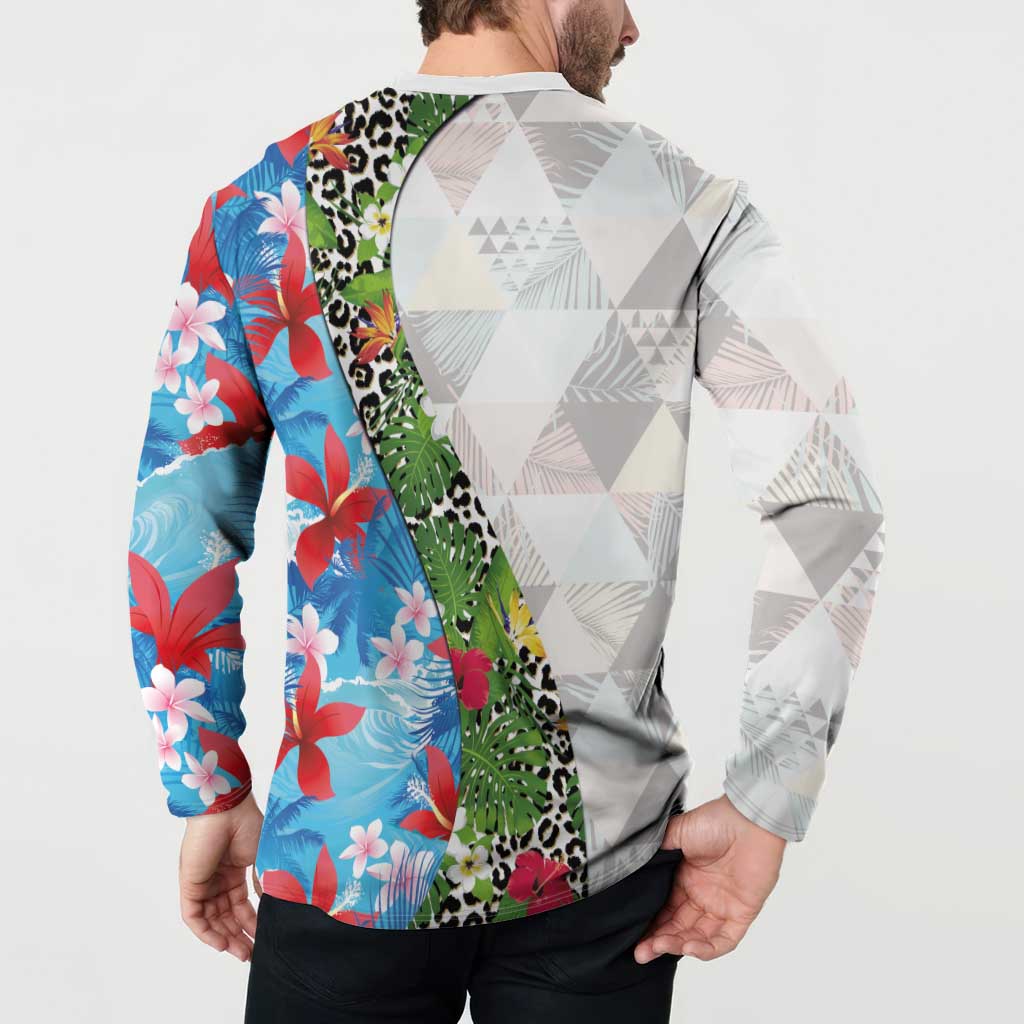 Hawaiian Tropical Flowers and Leaves Button Sweatshirt on Leopard Pattern Half Style White-Blue Version LT03 - Polynesian Pride
