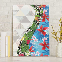 Hawaiian Tropical Flowers and Leaves Canvas Wall Art on Leopard Pattern Half Style White-Blue Version LT03 Without Frame White - Polynesian Pride