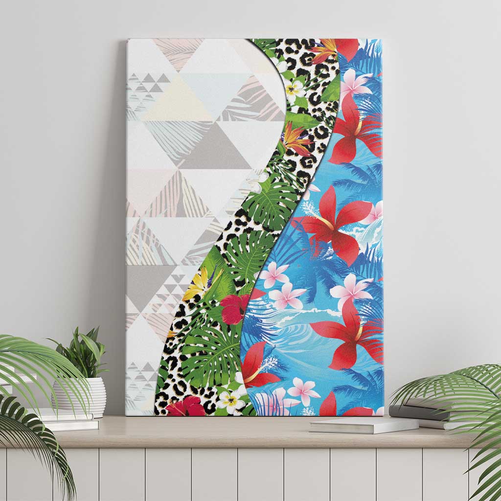 Hawaiian Tropical Flowers and Leaves Canvas Wall Art on Leopard Pattern Half Style White-Blue Version LT03 - Polynesian Pride
