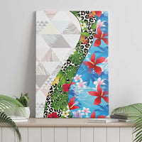 Hawaiian Tropical Flowers and Leaves Canvas Wall Art on Leopard Pattern Half Style White-Blue Version LT03 - Polynesian Pride