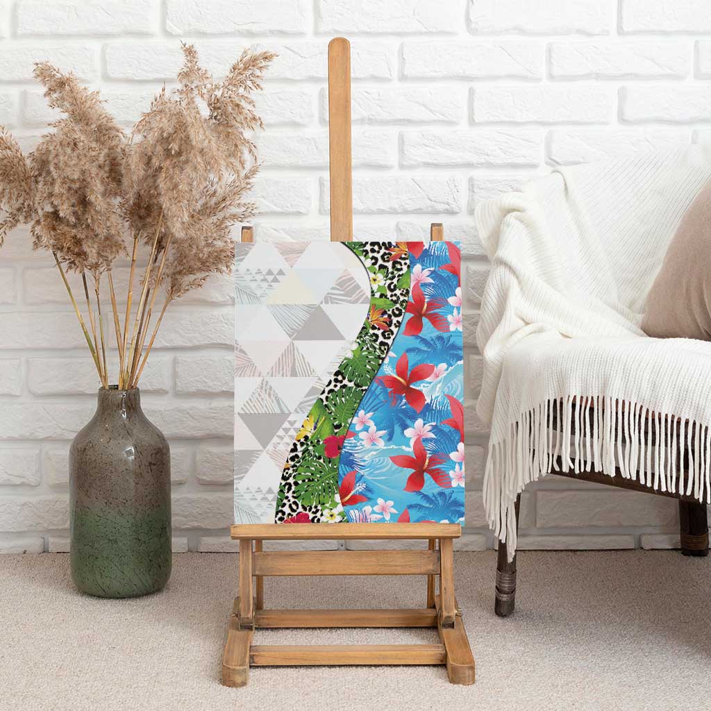Hawaiian Tropical Flowers and Leaves Canvas Wall Art on Leopard Pattern Half Style White-Blue Version LT03 - Polynesian Pride