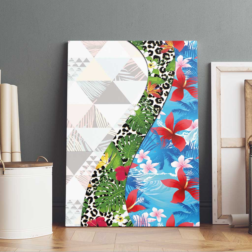 Hawaiian Tropical Flowers and Leaves Canvas Wall Art on Leopard Pattern Half Style White-Blue Version LT03 - Polynesian Pride