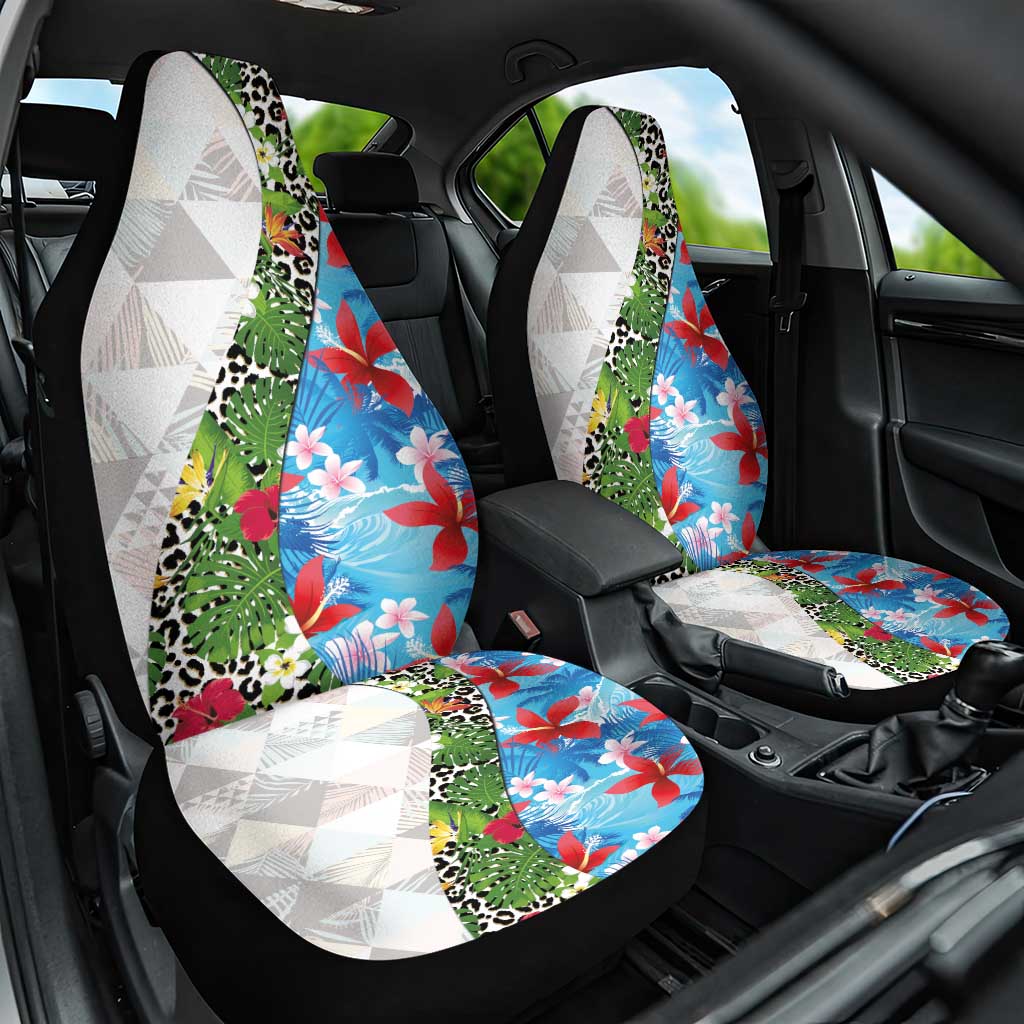 Hawaiian Tropical Flowers and Leaves Car Seat Cover on Leopard Pattern Half Style White-Blue Version LT03 One Size White - Polynesian Pride