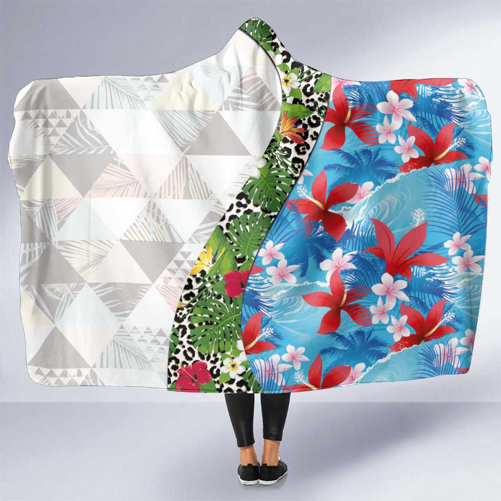 Hawaiian Tropical Flowers and Leaves Hooded Blanket on Leopard Pattern Half Style White-Blue Version LT03 One Size White - Polynesian Pride