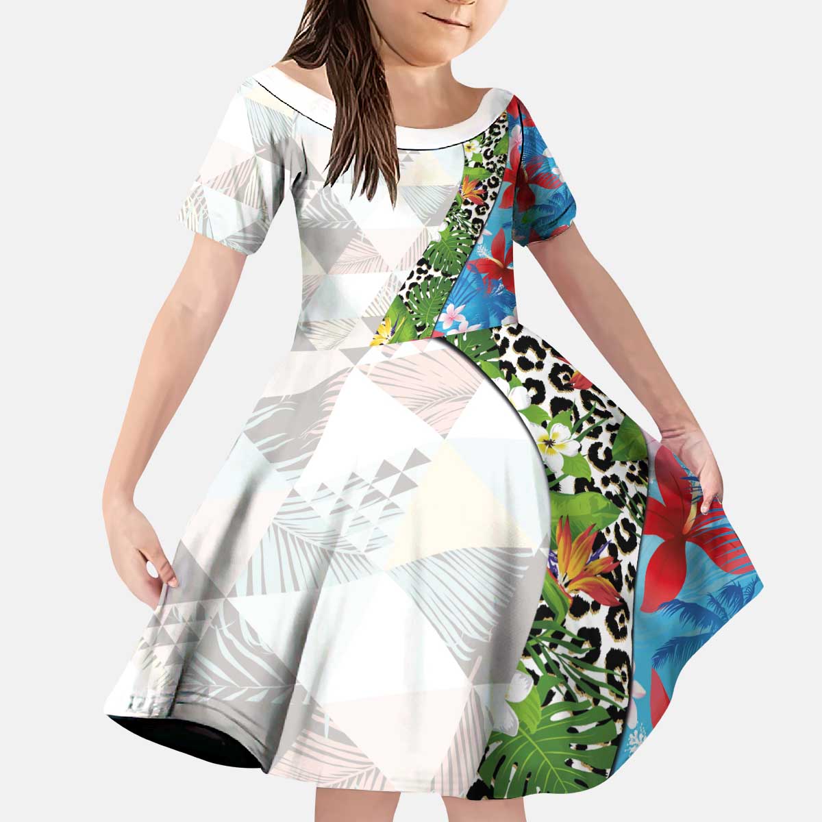 Hawaiian Tropical Flowers and Leaves Kid Short Sleeve Dress on Leopard Pattern Half Style White-Blue Version LT03 KID White - Polynesian Pride