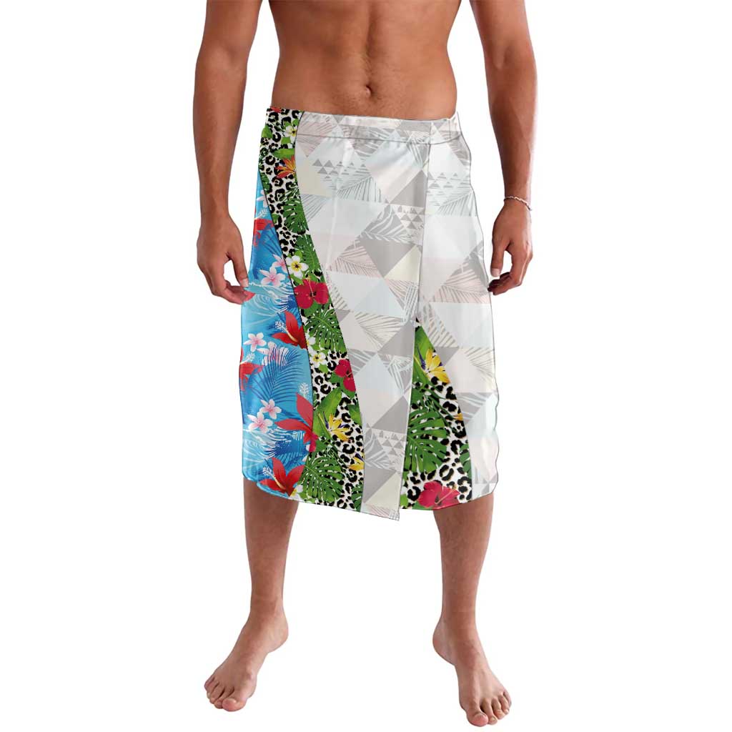 Hawaiian Tropical Flowers and Leaves Lavalava on Leopard Pattern Half Style White-Blue Version LT03 White - Polynesian Pride