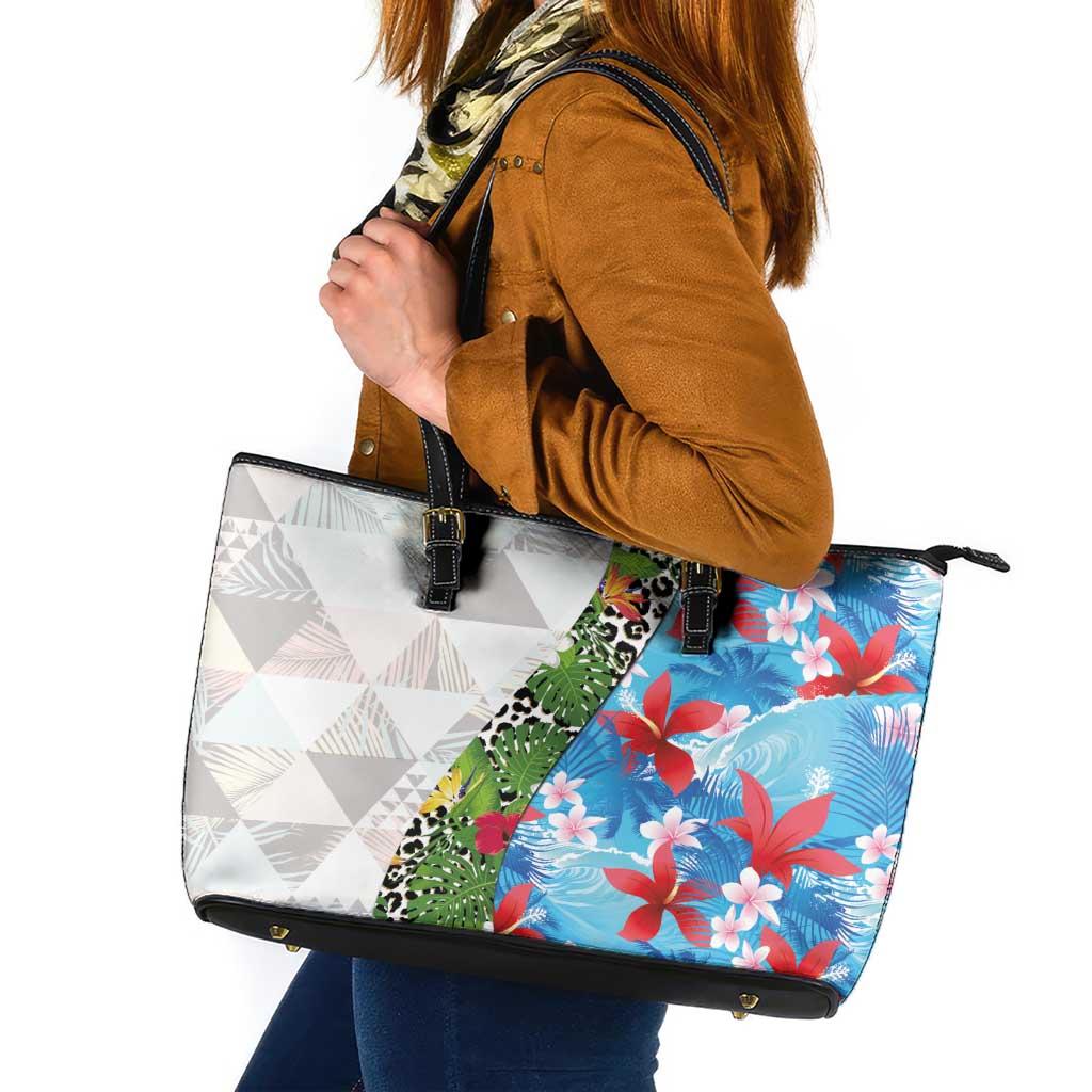 Hawaiian Tropical Flowers and Leaves Leather Tote Bag on Leopard Pattern Half Style White-Blue Version LT03 White - Polynesian Pride