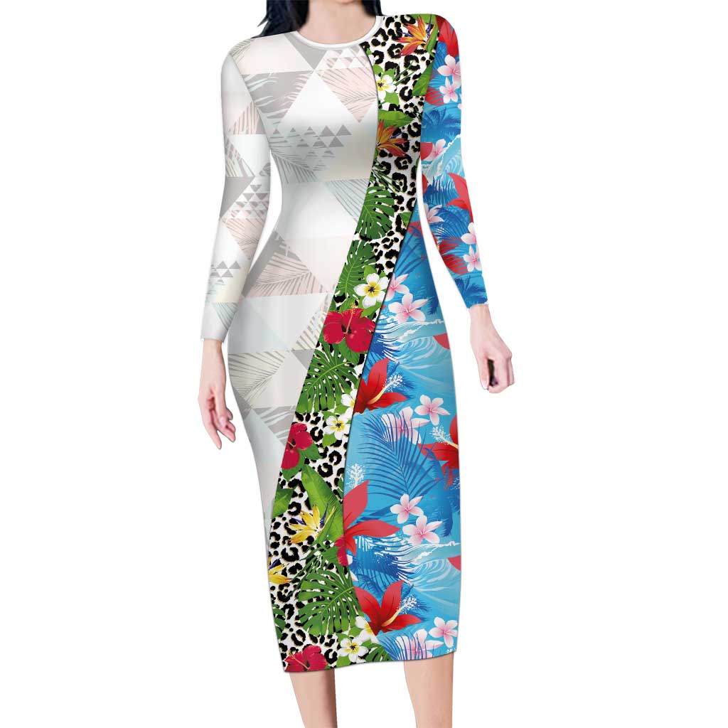 Hawaiian Tropical Flowers and Leaves Long Sleeve Bodycon Dress on Leopard Pattern Half Style White-Blue Version LT03 Long Dress White - Polynesian Pride