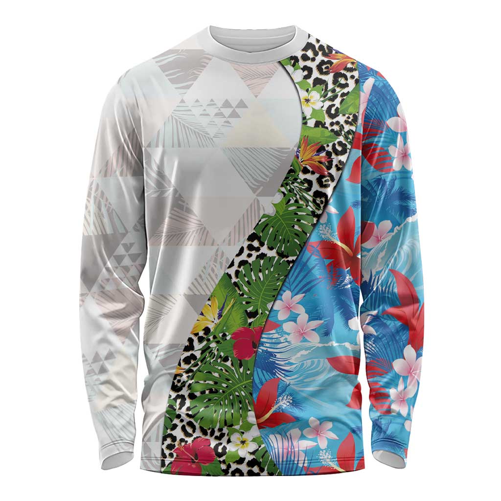 Hawaiian Tropical Flowers and Leaves Long Sleeve Shirt on Leopard Pattern Half Style White-Blue Version LT03 Unisex White - Polynesian Pride