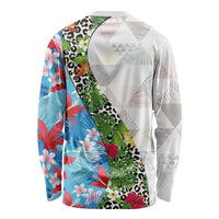 Hawaiian Tropical Flowers and Leaves Long Sleeve Shirt on Leopard Pattern Half Style White-Blue Version LT03 - Polynesian Pride