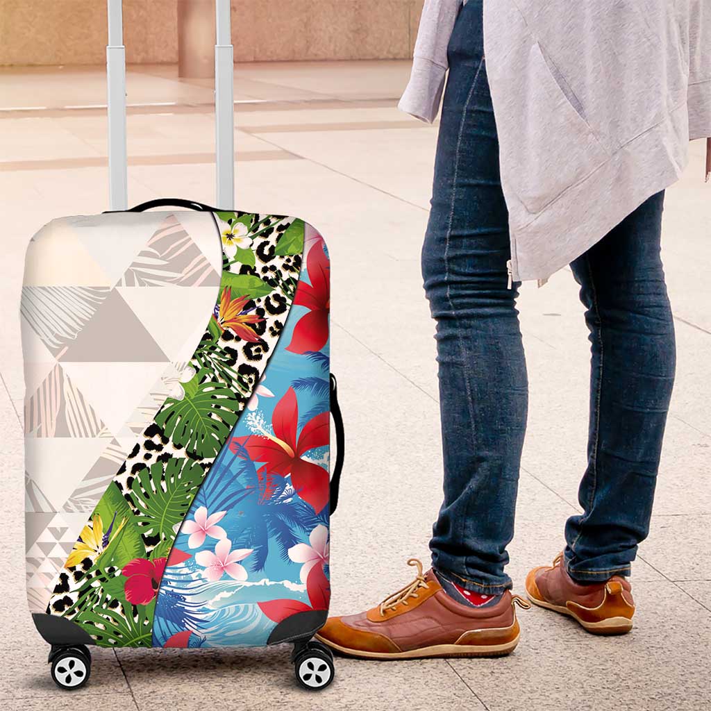 Hawaiian Tropical Flowers and Leaves Luggage Cover on Leopard Pattern Half Style White-Blue Version LT03 White - Polynesian Pride